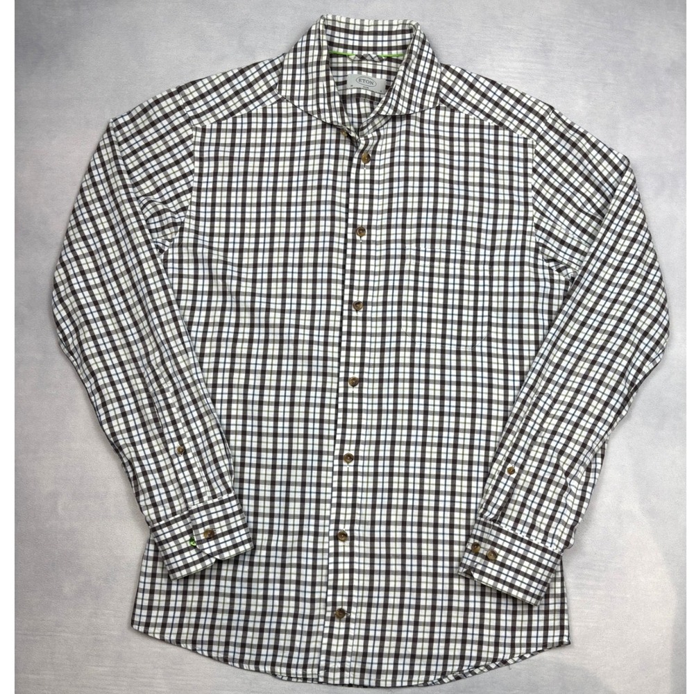 Eton Slim Fit Dress Shirt Mens 15 38 Brown Blue Green Plaid Check Long Sleeve